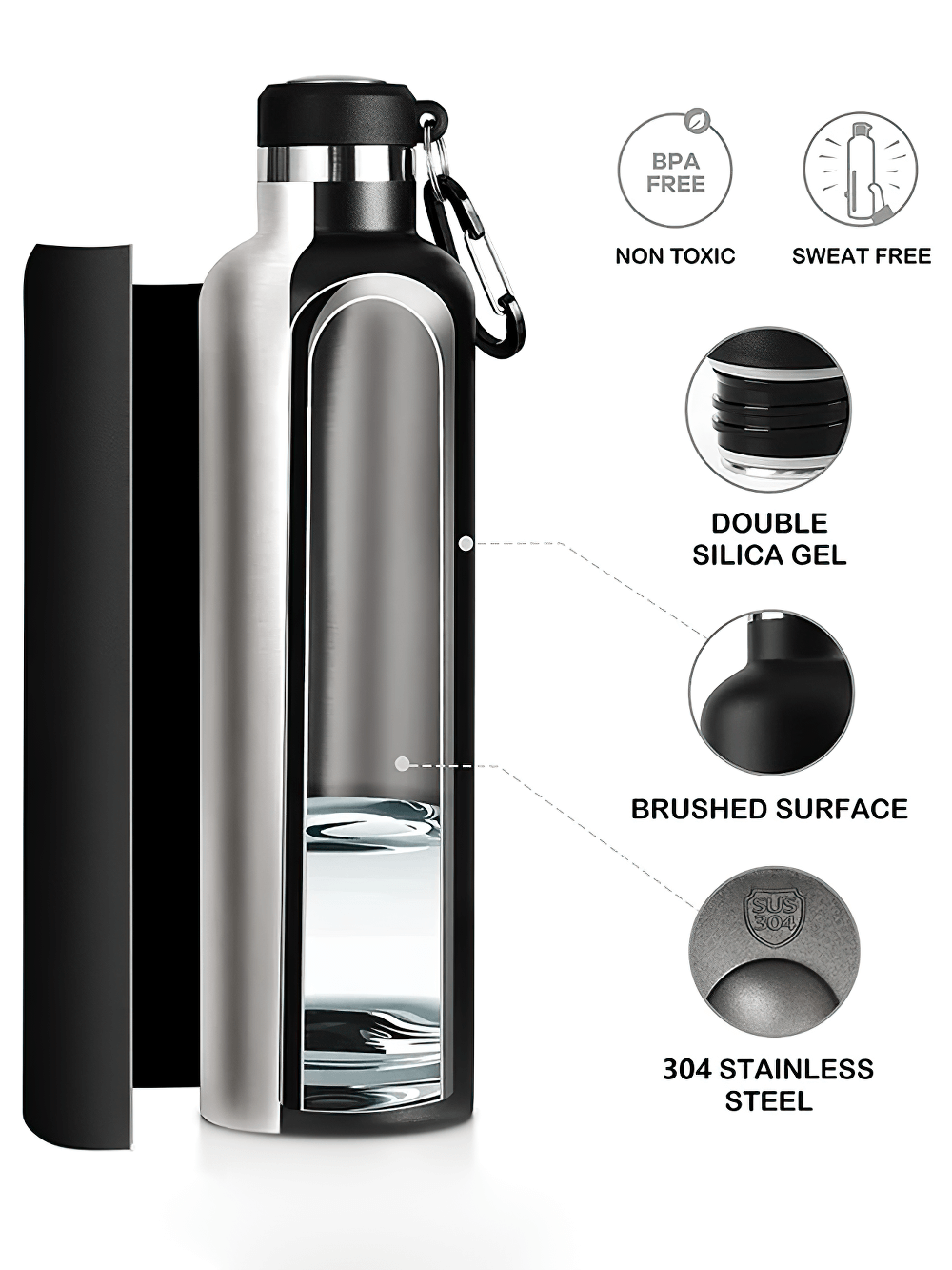 Stainless Steel Sports Water Bottle SF3057 with carabiner, BPA-free, vacuum insulated, 1000ml, sweat-free, ideal for outdoor adventures.